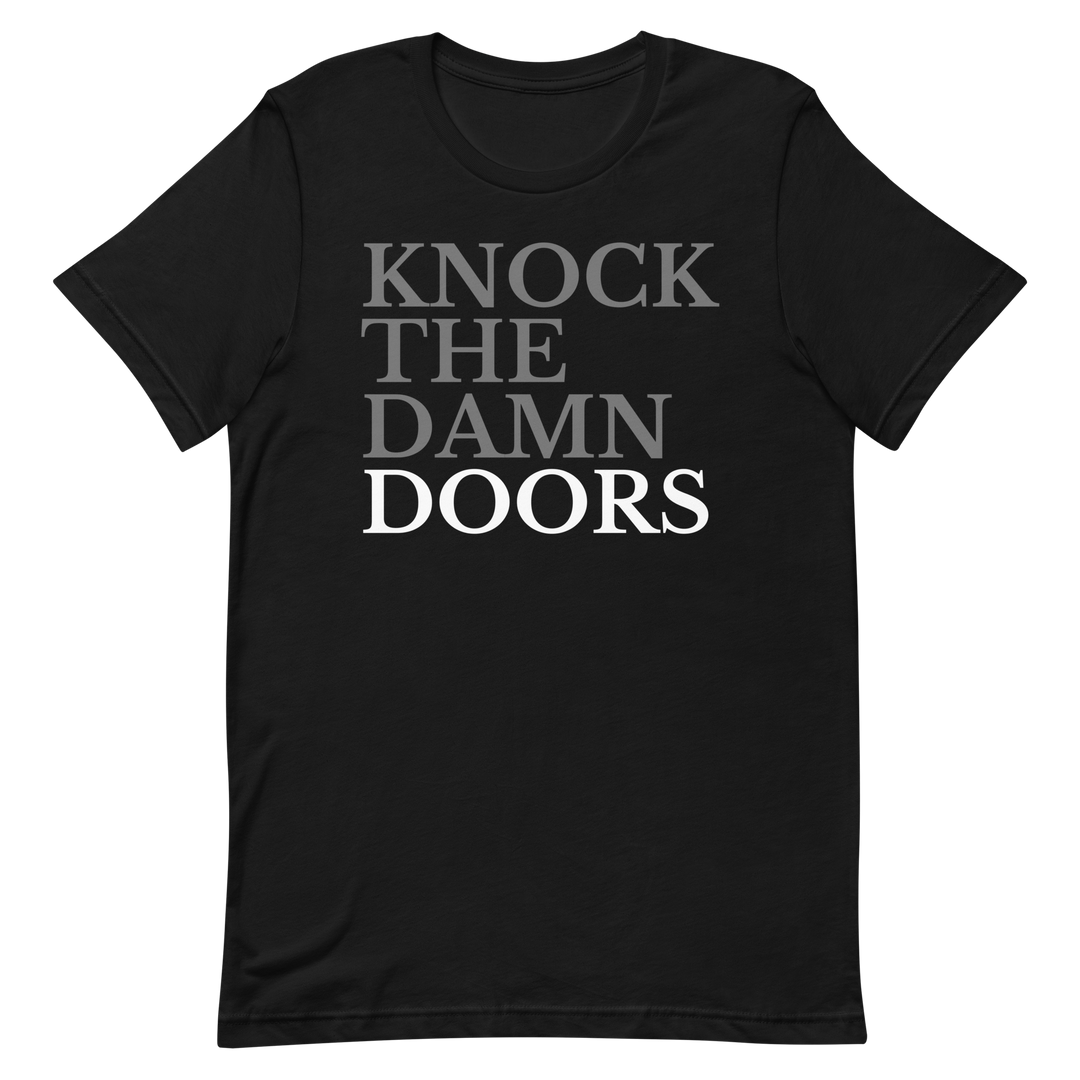 Knock The Damn Doors T-Shirt | Bold Sales Motivation – CallTheLeads, image size:1080x1080